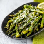 Air Fryer Asparagus Lemon Parmesan recipe, served and ready to eat, easy homemade dinner