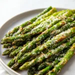 Air Fryer Asparagus Parmesan recipe, served and ready to eat, easy homemade dinner