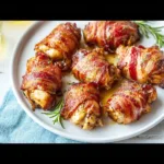 Air Fryer Bacon Wrapped Chicken Thighs recipe, served and ready to eat, easy homemade dinner