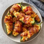Air Fryer Bacon Wrapped Jalapeno Poppers recipe, served and ready to eat, easy homemade dinner