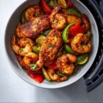 Air Fryer Cajun Chicken and Shrimp recipe, served and ready to eat, easy homemade dinner