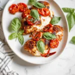 Air Fryer Caprese Chicken Mozzarella recipe, served and ready to eat, easy homemade dinner