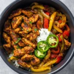 Air Fryer Chicken Fajita Bowl recipe, served and ready to eat, easy homemade dinner