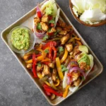 Air Fryer Chicken Fajitas Sheet Pan Style recipe, served and ready to eat, easy homemade dinner