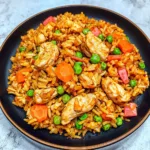 Air Fryer Chicken Fried Rice recipe, served and ready to eat, easy homemade dinner