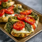 Air Fryer Chicken Pesto Sheet Pan recipe, served and ready to eat, easy homemade dish