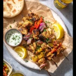 Air Fryer Chicken Souvlaki Skewers recipe, served and ready to eat, easy homemade dish