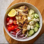 Air Fryer Greek Chicken Bowl High Protein recipe, served and ready to eat, easy homemade dinner