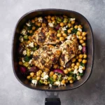 Air Fryer Greek Chicken Chickpeas Feta recipe, served and ready to eat, easy homemade dinner