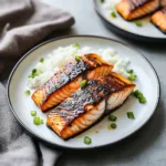 AIR FRYER HONEY GARLIC SALMON recipe, served and ready to eat, easy homemade dinner