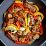 Air Fryer Italian Sausage and Peppers recipe, served and ready to eat, easy homemade dinner