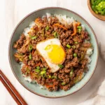 Air Fryer Korean Ground Beef Bowl recipe, served and ready to eat, easy homemade dinner