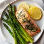 Air Fryer Salmon Asparagus recipe, served and ready to eat, easy homemade dinner