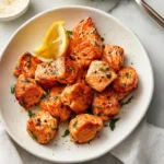 Air Fryer Salmon Bites Lemon Garlic recipe, served and ready to eat, easy homemade dinner