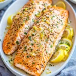 Air Fryer Salmon Lemon Garlic recipe, served and ready to eat, easy homemade dinner