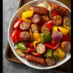 Air Fryer Sausage and Peppers Sheet Pan recipe, served and ready to eat, easy homemade dinner