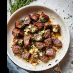 Air Fryer Steak Bites Garlic Butter recipe, served and ready to eat, easy homemade dinner