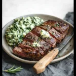 Air Fryer Steak Butter Herb recipe, served and ready to eat, easy homemade dinner
