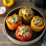 Air Fryer Stuffed Bell Peppers Ground Beef recipe, served and ready to eat, easy homemade dinner