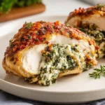 Air Fryer Stuffed Chicken Breast recipe, served and ready to eat, easy homemade dinner