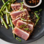 Air Fryer Tuna Steak Soy Ginger recipe, served and ready to eat, easy homemade dinner
