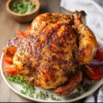 Air Fryer Whole Roast Chicken recipe, served and ready to eat, easy homemade dinner