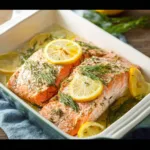 Baked Salmon Lemon Dill recipe, served and ready to eat, easy homemade dinner