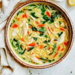 Chicken Soup Lemon Orzo recipe, served and ready to eat, easy homemade dinner