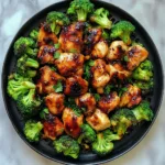 Chili Garlic Air Fryer Chicken Broccoli recipe, served and ready to eat, easy homemade dinner