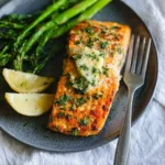 Crispy Air Fryer Salmon Garlic Butter recipe, served and ready to eat, easy homemade dinner