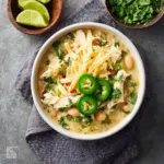 Crockpot White Chicken Chili High Protein recipe, served and ready to eat, easy homemade dinner