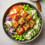 High Protein Air Fryer Salmon Bowl recipe, served and ready to eat, easy homemade dish