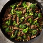 High Protein Beef and Broccoli Skillet recipe, served and ready to eat, easy homemade dinner