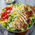High Protein Chicken Cobb Salad recipe, served and ready to eat, easy homemade dinner
