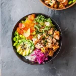 High Protein Chicken Poke Bowl recipe, served and ready to eat, easy homemade dinner