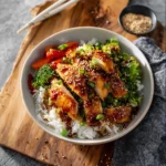 High Protein Chicken Rice Bowl Teriyaki recipe, served and ready to eat, easy homemade dish