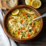 High Protein Chicken Soup Lemon Orzo recipe, served and ready to eat, easy homemade dinner