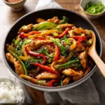 High Protein Chicken Stir Fry recipe, served and ready to eat, easy homemade dinner