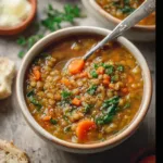 High Protein Lentil Soup recipe, served and ready to eat, easy homemade dinner