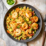 High Protein Shrimp Fried Cauliflower Rice recipe, served and ready to eat, easy homemade dinner