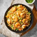 High Protein Shrimp Fried Rice Cauliflower recipe, served and ready to eat, easy homemade dinner