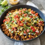 High Protein Skillet Turkey Taco Bowl recipe, served and ready to eat, easy homemade dinner