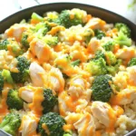 ONE PAN CHICKEN RICE BROCCOLI recipe, served and ready to eat, easy homemade dinner