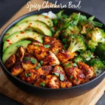 Spicy Air Fryer Chicken Bowl recipe, served and ready to eat, easy homemade dinner