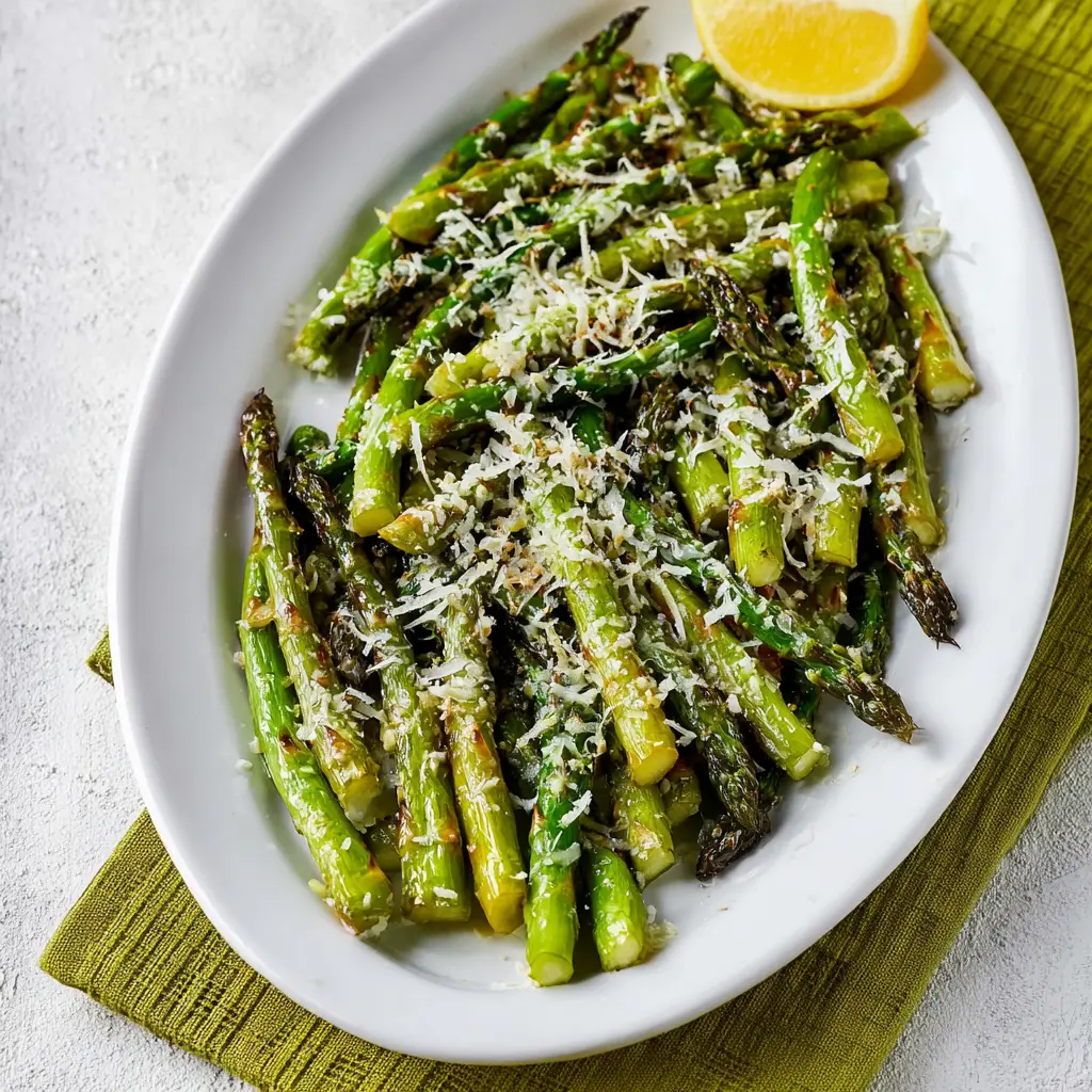Air Fryer Asparagus Lemon Parmesan served and ready to eat, a quick and easy homemade side dish