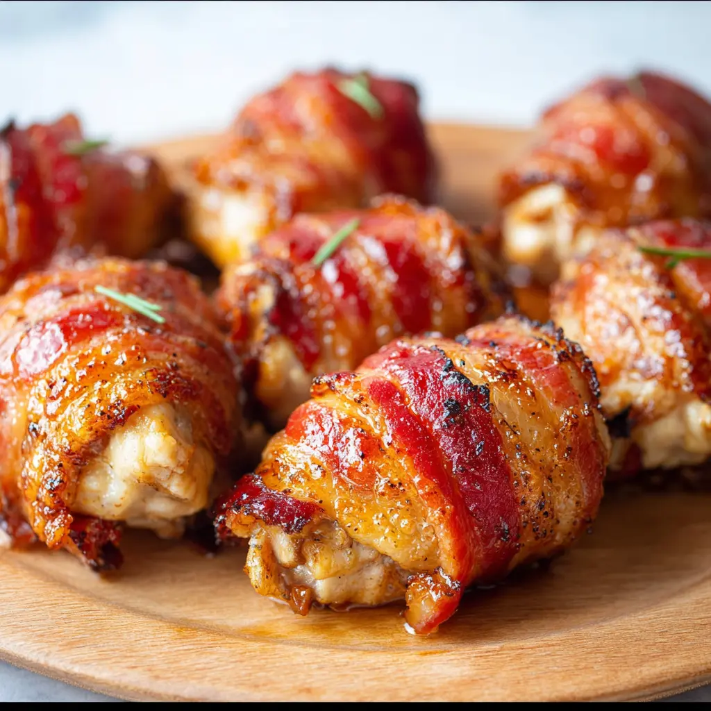 Air Fryer Bacon Wrapped Chicken Thighs recipe, served and ready to eat, easy homemade dinner