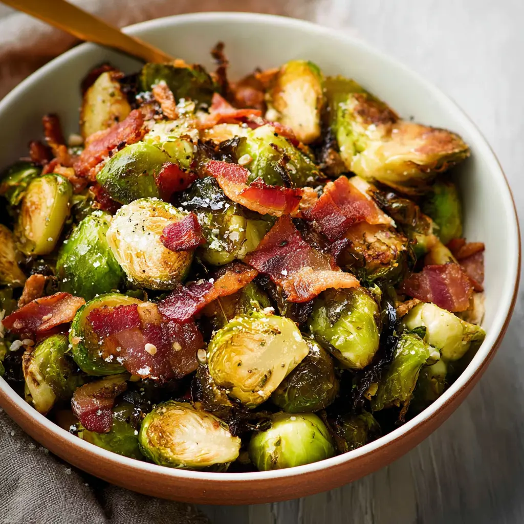 Air Fryer Brussels Sprouts Bacon Recipe Crispy Satisfying 6 Air Fryer Brussels Sprouts Bacon recipe, served and ready to eat