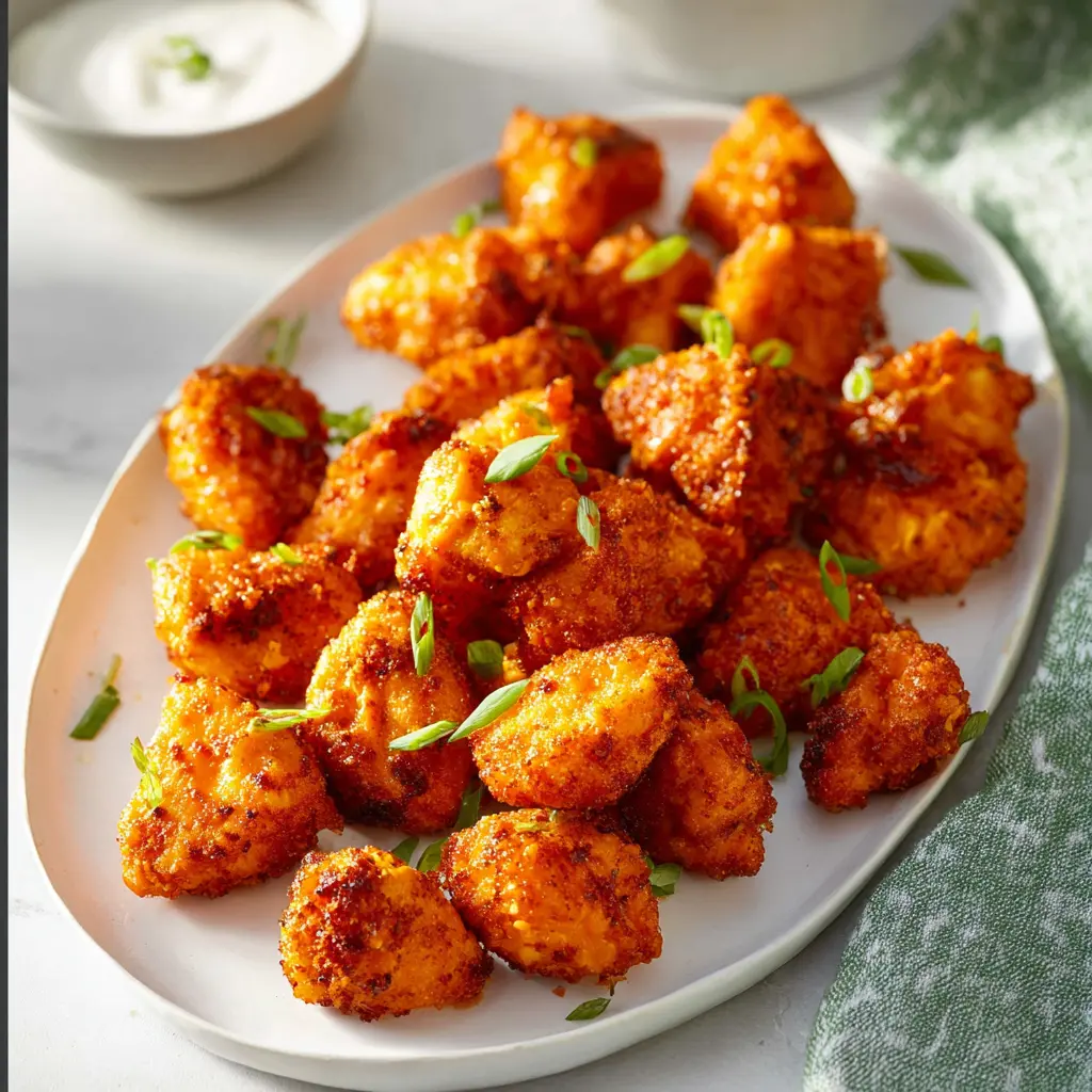 Air Fryer Buffalo Chicken Bites recipe, served and ready to eat, easy homemade dinner