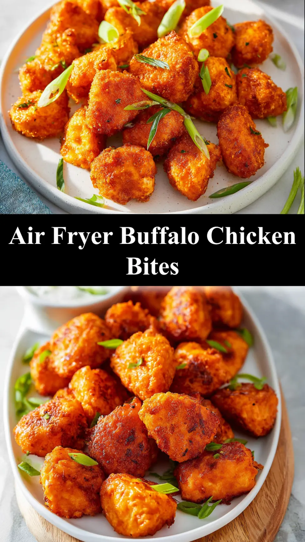 Air Fryer Buffalo Chicken Bites recipe, served and ready to eat, easy homemade dinner