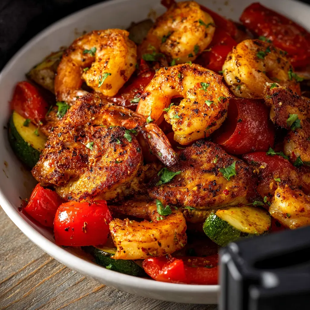 Air Fryer Cajun Chicken and Shrimp recipe, served and ready to eat, easy homemade dinner